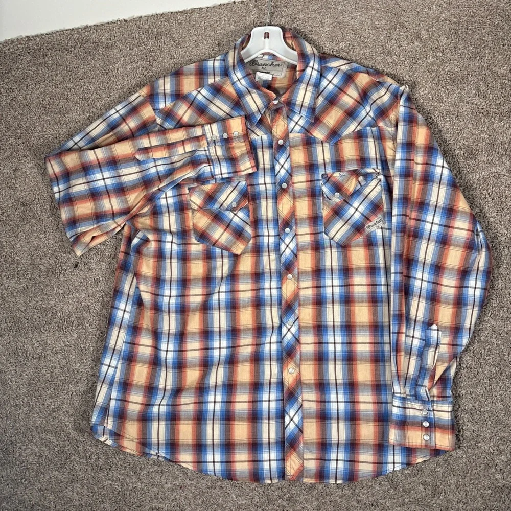 Wrangler Wrancher Mens XL Blue Orange Plaid Western Pearl Snap Shirt MTW1123‎